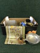 A box of glass ware, copies of the War Illustrated, scales with weights,