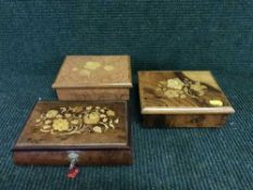 Three inlaid musical jewellery boxes