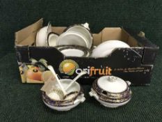 Two boxes of Booths dinner ware and a miniature Paragon coffee set