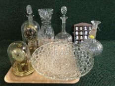 A tray of two clocks under shade, glass bowl, thimbles,