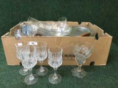 Two boxes of glass, oriental dishes, crucifix etc.