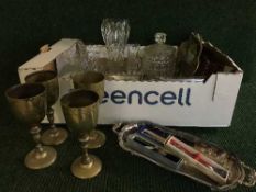 Two boxes of glass ware, brass candlesticks,