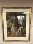 A gilt framed watercolour depicting Victoria and Albert in palace interior,