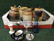 Two boxes of stoneware jars, glass vases,