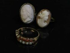 Three antique gold rings, two cameos and one other, 11.