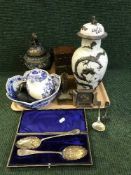 A tray of Masons ginger jar, cloisonne censer, metal vase,