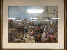 A gilt framed oil painting depicting a late 19th century American bustling harbour scene, 48.