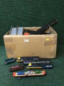 A box of model railway track and accessories