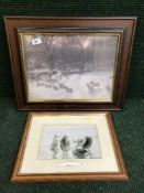 Two pictures and three wooden framed mirrors