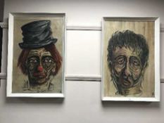 Two mid 20th century portraits depicting clowns, oil on canvas laid to board, framed.