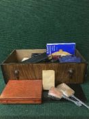 A drawer containing boxes, dressing table set, wooden boxes,