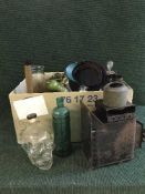 A box of glass vases, gilt mirror,