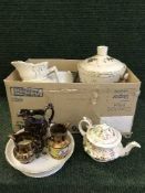A box of jug and basin set, ceramic teapots,