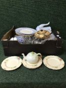 Two boxes of Royal Doulton plates, glass vases,