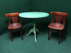A painted pine tilt top table and a pair of Bentwood chairs