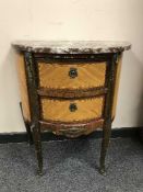 A continental inlaid walnut marble top chest