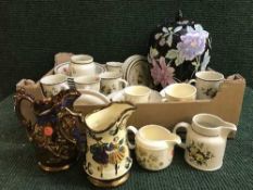 A box and basket of Royal Doulton Lambeth ware dinner service, copper lustre vases, tea cup planter,