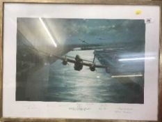 A framed limited edition print by Anthony Saunders signed by Dambusters Lancaster Bomber crew