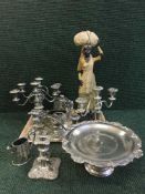 A tray of EPNS to include three piece tea service, candellabra, tazza etc,