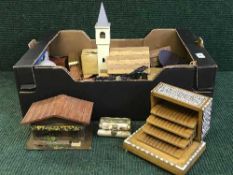 Two boxes of collectables to include pewter, treen, horn and brass mounted trinket box, plated ware,