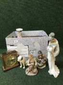 A box of mantle clock, decanter, large vase,