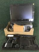 A box of staple gun, mobile phones, cameras, Panasonic hi/fi,