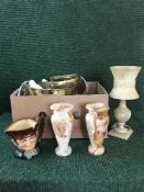 A box of marble vases, Royal Doulton Old Salt character jug, brass coal bucket,