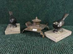 Two Art Deco bird bookends on marble base and a metal ink well