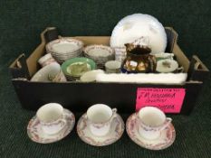 Two boxes of Swansea tea set, cottage ware, marble figures, copper lustre vase,