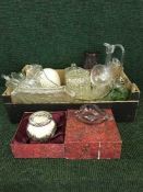 Two boxes of assorted glass ware, teapot, oil lamp,