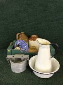Two boxes of stone ware jars, blue and white ware, jug and basin,