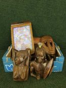 A box of inlaid butterfly tray, wooden candlesticks,