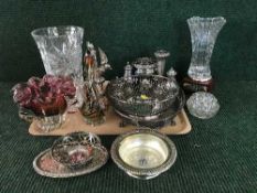 A tray of assorted plated ware, cut glass vases, glass bird ornament,