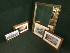 A large gilt framed mirror and four assorted pictures