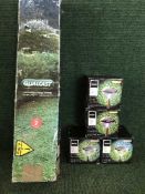 Four crates of assorted solar lights and a Qualcast hedge trimmer