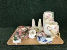 A tray of Maling lustre ware, trinket set, salt & pepper, vase,