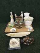 A tray of Spanish figures, Aynsley vase, Shorter pottery vase,