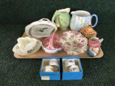 A tray of preserve pot, Maling basket, Shelley Melody jug, Royal Worcester shell dish,