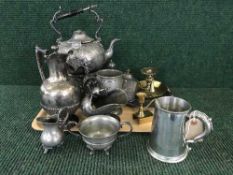 A tray of pewter spirit kettle, tankards, plated ware,