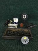 A basket of precision instruments, pen and hunting knives, cuff links, cut throat razors,