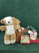 A box of vintage Teddy bears and games and a boxed Cinderella & Prince Charming waltzing figure