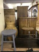 A small pine storage hall seat and five rustic crate trays