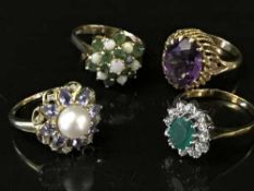 Four gold rings, variously set with opals, emeralds, diamonds, amethyst and pearl, gross weight 13.