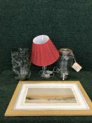 A box of glass vase, Kilner jar, table lamp and shade,