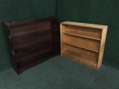 A set of mahogany shelves by Rossmore and a set of oak open shelves