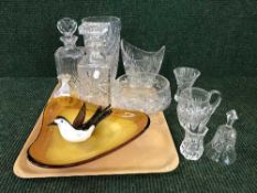 A tray of lead crystal decanters, vases, fruit bowl,