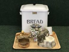 An enamelled bread bin and a tray of Czechoslovakian bowl, Tudor biscuit barrel,