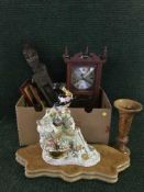 Two boxes of glass ware, dolls, wall clock,