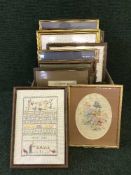 A box of contemporary framed samplers and tapestries