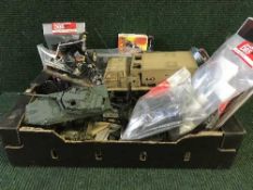 Two boxes of assorted plastic models, toys, Airfix cycle,